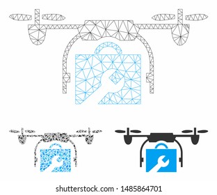 Mesh service drone model with triangle mosaic icon. Wire carcass triangular mesh of service drone. Vector mosaic of triangles in different sizes, and color hues. Abstract flat mesh service drone,