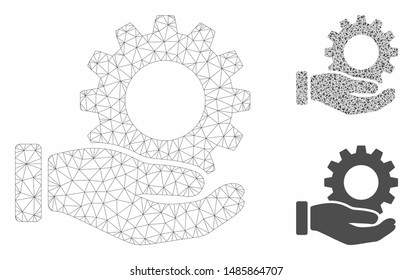 Mesh service gear model with triangle mosaic icon. Wire carcass polygonal network of service gear. Vector mosaic of triangle parts in different sizes, and color tints. Abstract flat mesh service gear,