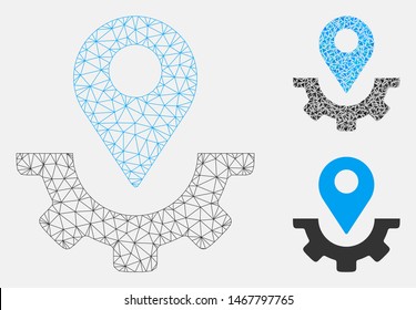 Mesh service map marker model with triangle mosaic icon. Wire carcass triangular mesh of service map marker. Vector collage of triangle elements in different sizes, and color tinges.