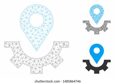 Mesh service map marker model with triangle mosaic icon. Wire carcass polygonal mesh of service map marker. Vector mosaic of triangle elements in different sizes, and color tones.