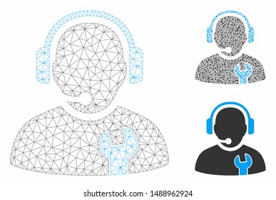Mesh service operator model with triangle mosaic icon. Wire carcass polygonal mesh of service operator. Vector mosaic of triangle elements in variable sizes, and color tinges.