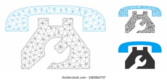 Mesh service phone model with triangle mosaic icon. Wire frame triangular mesh of service phone. Vector mosaic of triangles in various sizes, and color shades. Abstract flat mesh service phone,