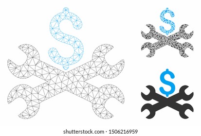 Mesh service price model with triangle mosaic icon. Wire carcass triangular mesh of service price. Vector mosaic of triangle elements in variable sizes, and color shades.