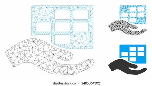 Mesh service schedule model with triangle mosaic icon. Wire carcass polygonal mesh of service schedule. Vector composition of triangle elements in different sizes, and color hues.