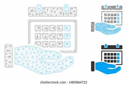 Mesh service timetable model with triangle mosaic icon. Wire frame triangular mesh of service timetable. Vector composition of triangle elements in various sizes, and color tints.