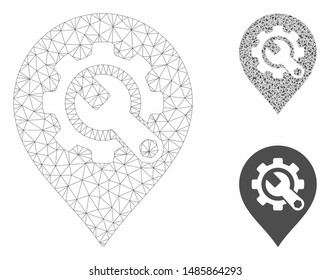 Mesh service tools map marker model with triangle mosaic icon. Wire carcass triangular mesh of service tools map marker. Vector mosaic of triangle parts in various sizes, and color tints.