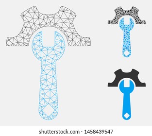 Mesh service tools model with triangle mosaic icon. Wire carcass triangular network of service tools. Vector mosaic of triangles in various sizes, and color tones. Abstract flat mesh service tools,