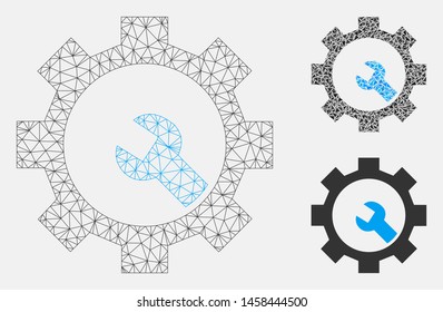 Mesh service tools model with triangle mosaic icon. Wire carcass triangular mesh of service tools. Vector composition of triangle elements in various sizes, and color hues.