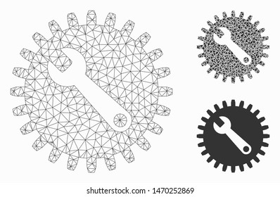 Mesh service tools model with triangle mosaic icon. Wire carcass triangular network of service tools. Vector mosaic of triangle elements in various sizes, and color hues.