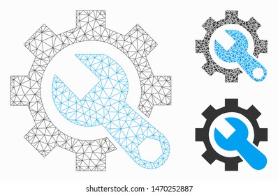 Mesh service tools model with triangle mosaic icon. Wire frame triangular mesh of service tools. Vector mosaic of triangle parts in various sizes, and color tints. Abstract 2d mesh service tools,