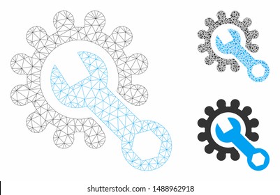Mesh service tools model with triangle mosaic icon. Wire frame triangular mesh of service tools. Vector collage of triangle elements in various sizes, and color shades.