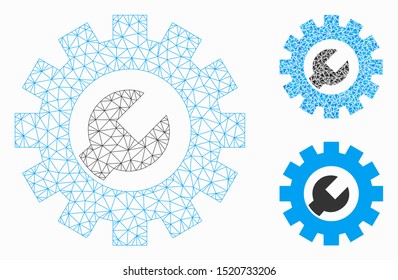 Mesh service tools model with triangle mosaic icon. Wire frame polygonal mesh of service tools. Vector mosaic of triangle parts in different sizes, and color hues. Abstract 2d mesh service tools,
