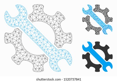 Mesh service tools model with triangle mosaic icon. Wire carcass polygonal network of service tools. Vector mosaic of triangle elements in variable sizes, and color hues.