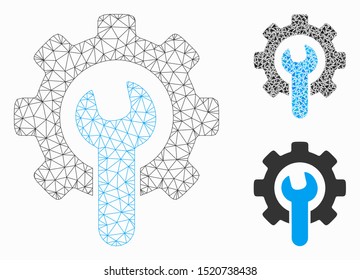 Mesh service tools model with triangle mosaic icon. Wire frame triangular mesh of service tools. Vector mosaic of triangle elements in variable sizes, and color tinges. Abstract 2d mesh service tools,