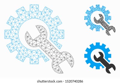 Mesh service tools model with triangle mosaic icon. Wire carcass polygonal network of service tools. Vector mosaic of triangle elements in different sizes, and color tints.