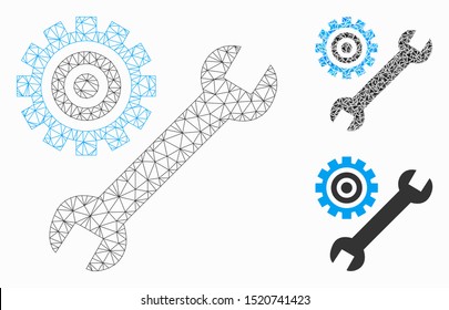 Mesh service tools model with triangle mosaic icon. Wire carcass polygonal mesh of service tools. Vector collage of triangles in variable sizes, and color tinges. Abstract flat mesh service tools,