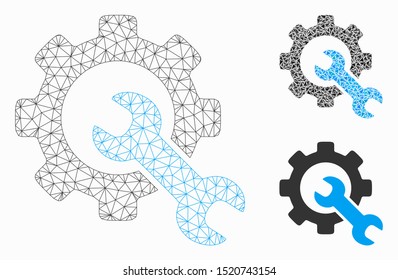 Mesh service tools model with triangle mosaic icon. Wire frame triangular mesh of service tools. Vector mosaic of triangle parts in different sizes, and color hues. Abstract 2d mesh service tools,