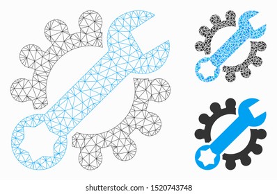 Mesh service tools model with triangle mosaic icon. Wire carcass polygonal mesh of service tools. Vector mosaic of triangle parts in variable sizes, and color tints. Abstract flat mesh service tools,