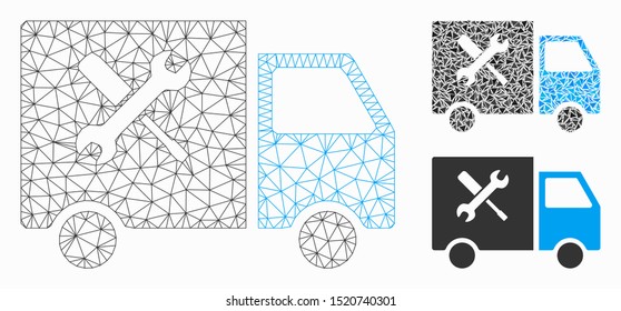 Mesh service van model with triangle mosaic icon. Wire carcass polygonal network of service van. Vector mosaic of triangle parts in different sizes, and color tints. Abstract 2d mesh service van,