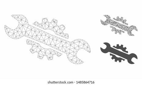 Mesh service wrench model with triangle mosaic icon. Wire frame triangular mesh of service wrench. Vector composition of triangle elements in various sizes, and color hues.