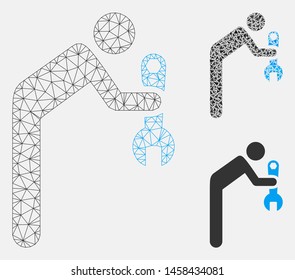 Mesh serviceman model with triangle mosaic icon. Wire frame triangular mesh of serviceman. Vector collage of triangle parts in various sizes, and color hues. Abstract 2d mesh serviceman,