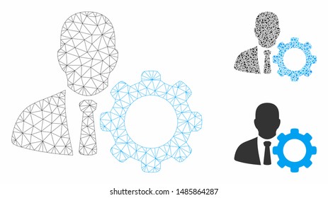 Mesh serviceman model with triangle mosaic icon. Wire carcass polygonal mesh of serviceman. Vector collage of triangle parts in different sizes, and color shades. Abstract 2d mesh serviceman,