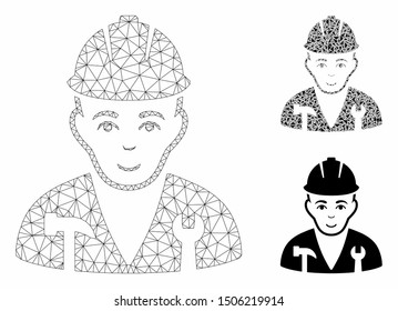 Mesh serviceman model with triangle mosaic icon. Wire frame polygonal mesh of serviceman. Vector collage of triangles in various sizes, and color tones. Abstract flat mesh serviceman,