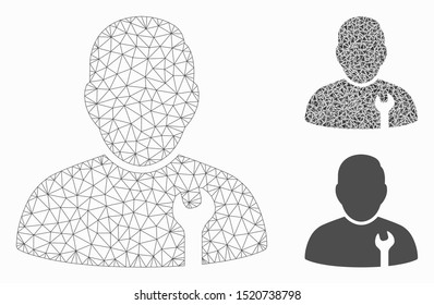 Mesh serviceman model with triangle mosaic icon. Wire frame triangular mesh of serviceman. Vector mosaic of triangle parts in various sizes, and color tinges. Abstract 2d mesh serviceman,
