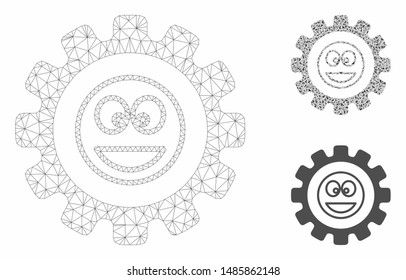 Mesh settings gear smile model with triangle mosaic icon. Wire frame polygonal mesh of settings gear smile. Vector composition of triangle elements in variable sizes, and color tints.