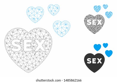 Mesh sex hearts model with triangle mosaic icon. Wire frame triangular mesh of sex hearts. Vector mosaic of triangle elements in variable sizes, and color shades. Abstract 2d mesh sex hearts,