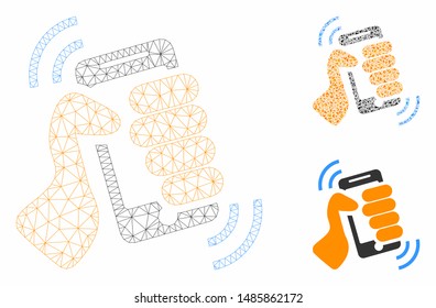 Mesh shake smartphone model with triangle mosaic icon. Wire frame polygonal mesh of shake smartphone. Vector composition of triangles in variable sizes, and color tones.