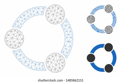 Mesh share model with triangle mosaic icon. Wire carcass triangular mesh of share. Vector mosaic of triangles in different sizes, and color tints. Abstract 2d mesh share,