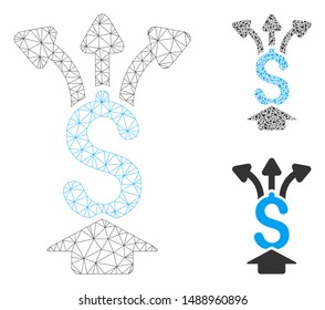 Mesh share money model with triangle mosaic icon. Wire carcass polygonal mesh of share money. Vector mosaic of triangle parts in different sizes, and color tinges. Abstract 2d mesh share money,