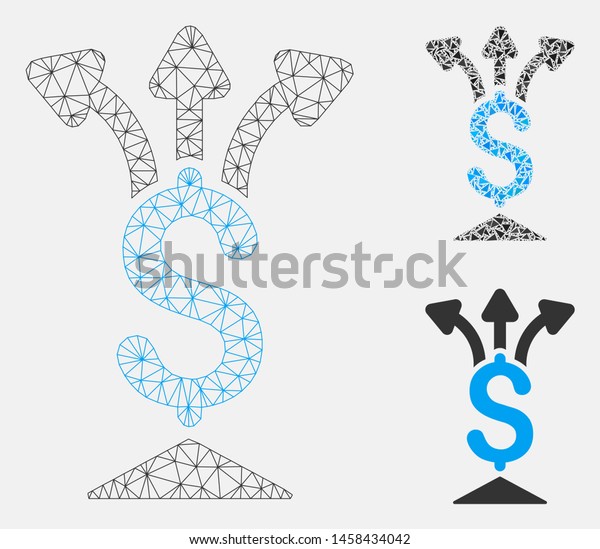 Mesh share money model with triangle mosaic icon.\
Wire carcass polygonal mesh of share money. Vector collage of\
triangle elements in various sizes, and color tints. Abstract flat\
mesh share money,