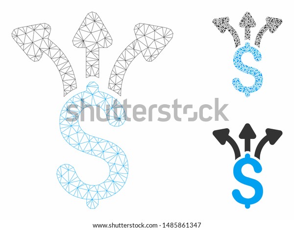 Mesh share money model with triangle mosaic icon.\
Wire frame polygonal mesh of share money. Vector mosaic of triangle\
elements in different sizes, and color shades. Abstract 2d mesh\
share money,