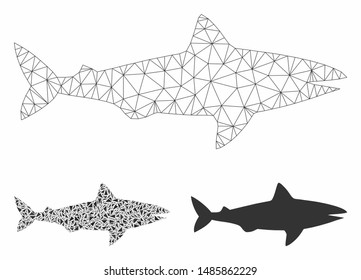 Mesh shark model with triangle mosaic icon. Wire carcass polygonal network of shark. Vector mosaic of triangle elements in variable sizes, and color hues. Abstract 2d mesh shark,