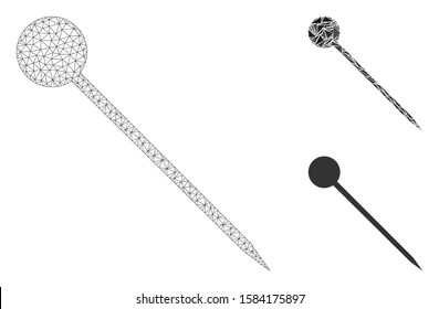 Mesh sharp pin model with triangle mosaic icon. Wire frame triangular mesh of sharp pin. Vector mosaic of triangle parts in variable sizes, and color tones. Abstract 2d mesh sharp pin,