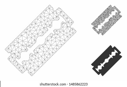 Mesh shaving razor blade model with triangle mosaic icon. Wire frame triangular mesh of shaving razor blade. Vector mosaic of triangle parts in various sizes, and color shades.