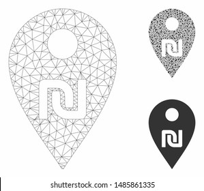 Mesh shekel map marker model with triangle mosaic icon. Wire frame triangular mesh of shekel map marker. Vector composition of triangle elements in various sizes, and color tints.