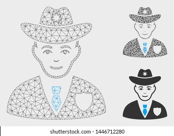 Mesh sheriff model with triangle mosaic icon. Wire frame polygonal network of sheriff. Vector mosaic of triangle elements in variable sizes, and color tints. Abstract 2d mesh sheriff,