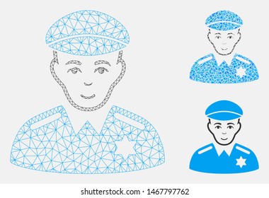 Mesh sheriff model with triangle mosaic icon. Wire frame polygonal mesh of sheriff. Vector mosaic of triangles in various sizes, and color tones. Abstract 2d mesh sheriff, designed with triangles.