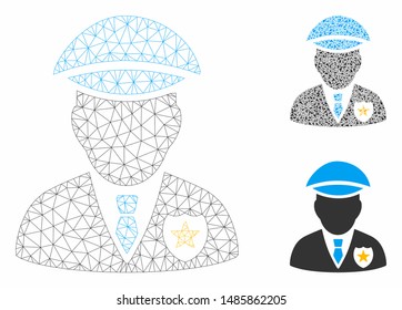 Mesh sheriff model with triangle mosaic icon. Wire frame triangular network of sheriff. Vector mosaic of triangle elements in various sizes, and color shades. Abstract 2d mesh sheriff,