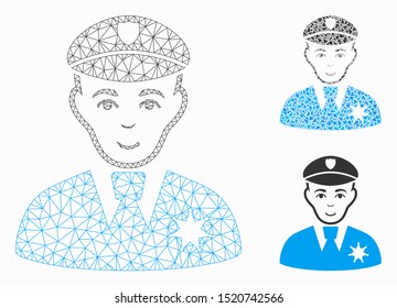 Mesh sheriff model with triangle mosaic icon. Wire frame triangular mesh of sheriff. Vector mosaic of triangle elements in various sizes, and color shades. Abstract flat mesh sheriff,