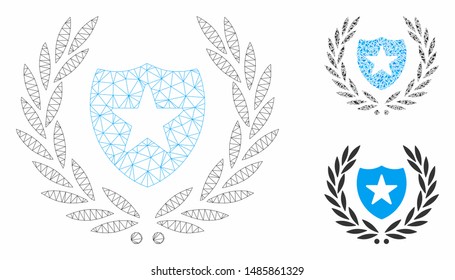 Mesh shield laurel wreath model with triangle mosaic icon. Wire carcass triangular mesh of shield laurel wreath. Vector composition of triangle elements in variable sizes, and color tones.