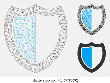 Mesh shield model with triangle mosaic icon. Wire carcass polygonal mesh of shield. Vector mosaic of triangle elements in different sizes, and color tinges. Abstract 2d mesh shield,