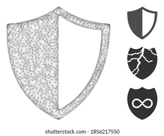 Mesh shield polygonal web 2d vector illustration. Model is based on shield flat icon. Triangular network forms abstract shield flat model.