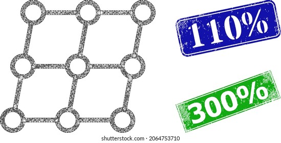 Mesh shifted grid nodes image, and 110 percent blue and green rectangle corroded stamps. Mesh carcass image based on shifted grid nodes pictogram. Stamps have 110 percent tag inside rectangle form.