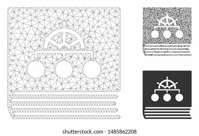 Mesh ship guide book model with triangle mosaic icon. Wire carcass triangular mesh of ship guide book. Vector mosaic of triangles in various sizes, and color tones. Abstract 2d mesh ship guide book,