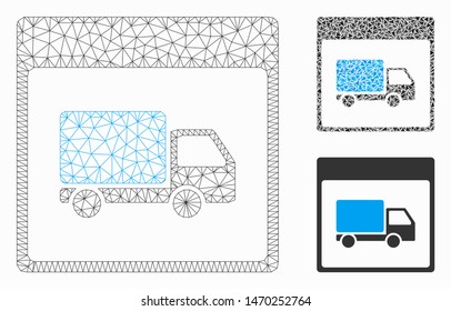 Mesh shipment truck calendar page model with triangle mosaic icon. Wire carcass triangular mesh of shipment truck calendar page. Vector mosaic of triangles in various sizes, and color tints.