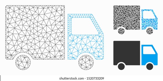 Mesh shipment van model with triangle mosaic icon. Wire frame triangular mesh of shipment van. Vector collage of triangles in different sizes, and color hues. Abstract 2d mesh shipment van,